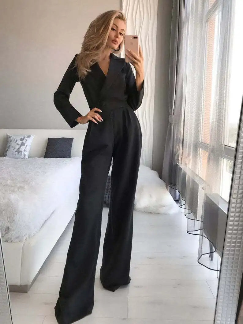 Eleganter V-Ausschnitt-Jumpsuit mit weitem Bein