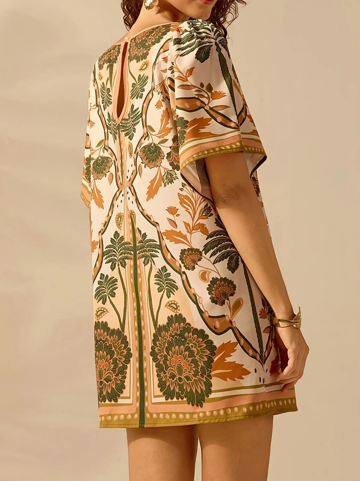 Tropical Print Sommerkleid - Kurze Ärmel, runder Ausschnitt, lässig, luftig & bequem Polyesterkleid