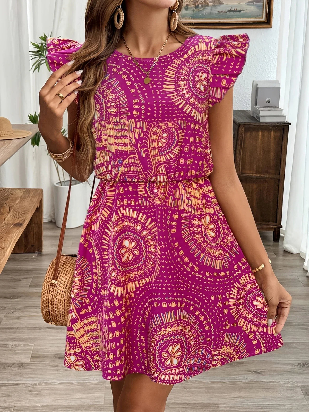 Bohème Sommerkleid für Frauen - Rüschenärmel, rückenfrei, Polyester Minikleid