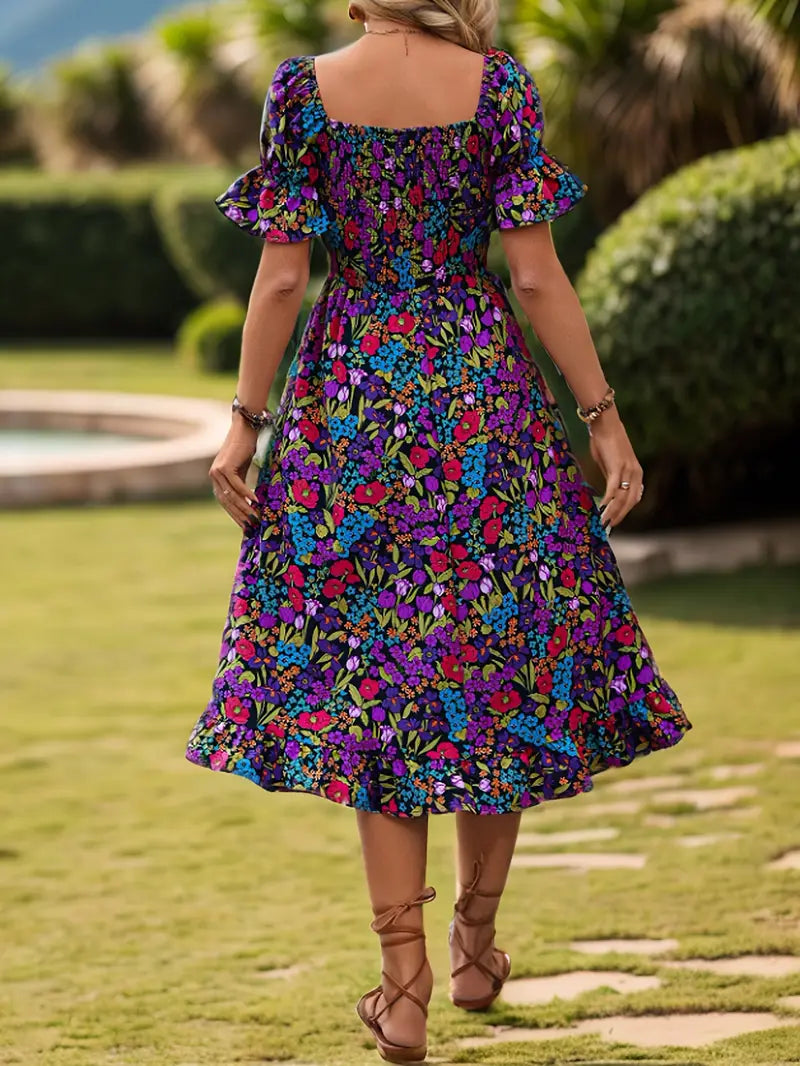 Bohemian Off-Shoulder Maxikleid - Blumendruck, lange Ärmel & anmutig für Sommer, Party & Urlaub