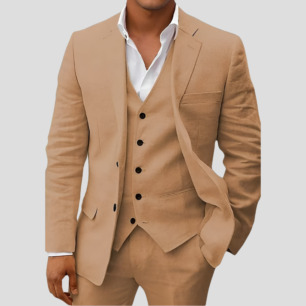 Dreiteiliges Leinenset für Herren: Blazer, Weste und Hose