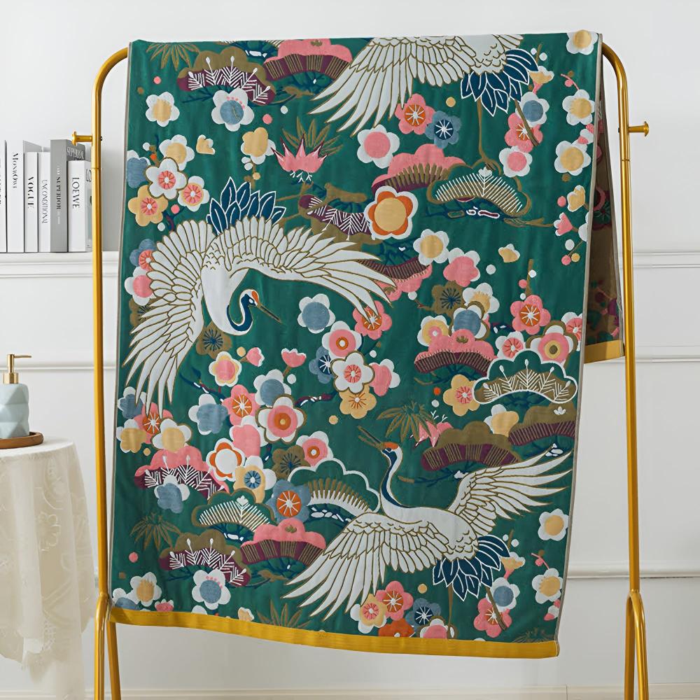 Luxuriöses Badetuch mit Kranich- und Blumenmuster
