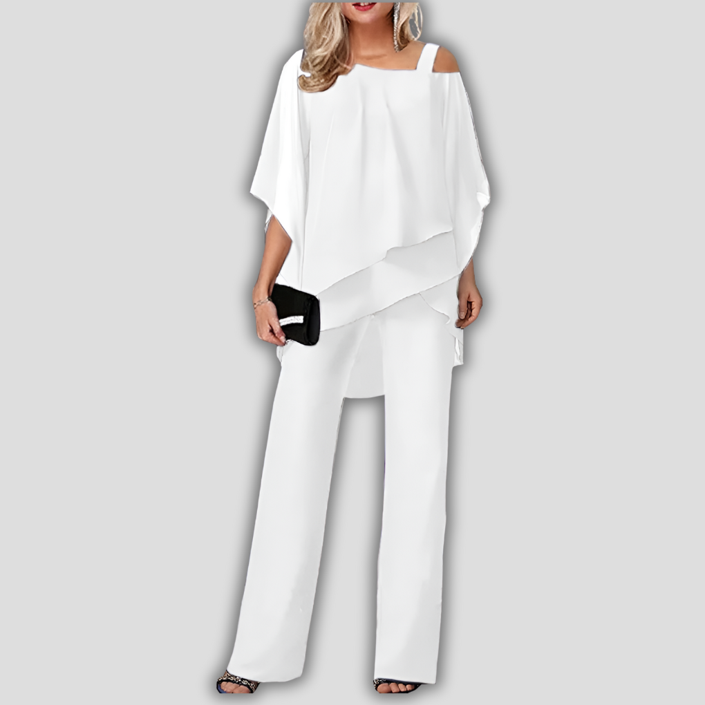 Eleganter zweiteiliger Chiffon-Hosenanzug mit mehrlagigem Cape-Oberteil