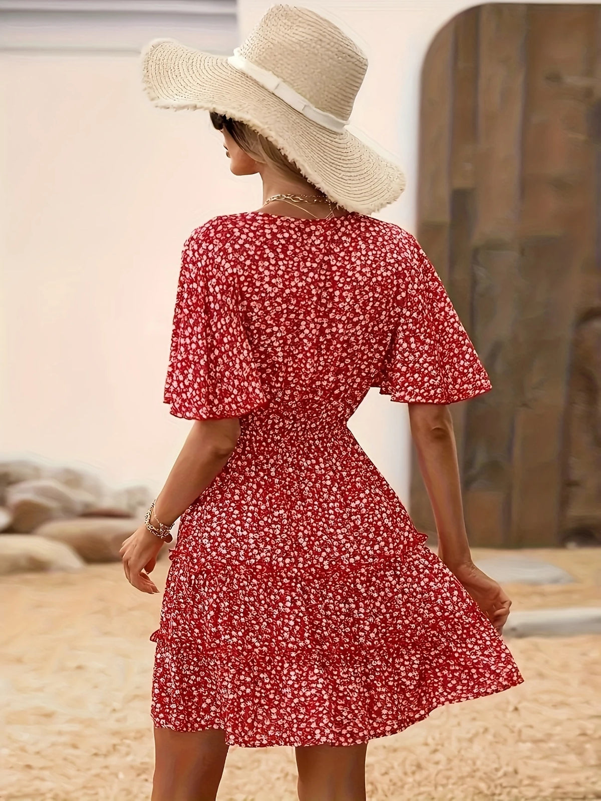 V-Ausschnitt Kleid Elegantes Blumenmuster Asymmetrischer Saum