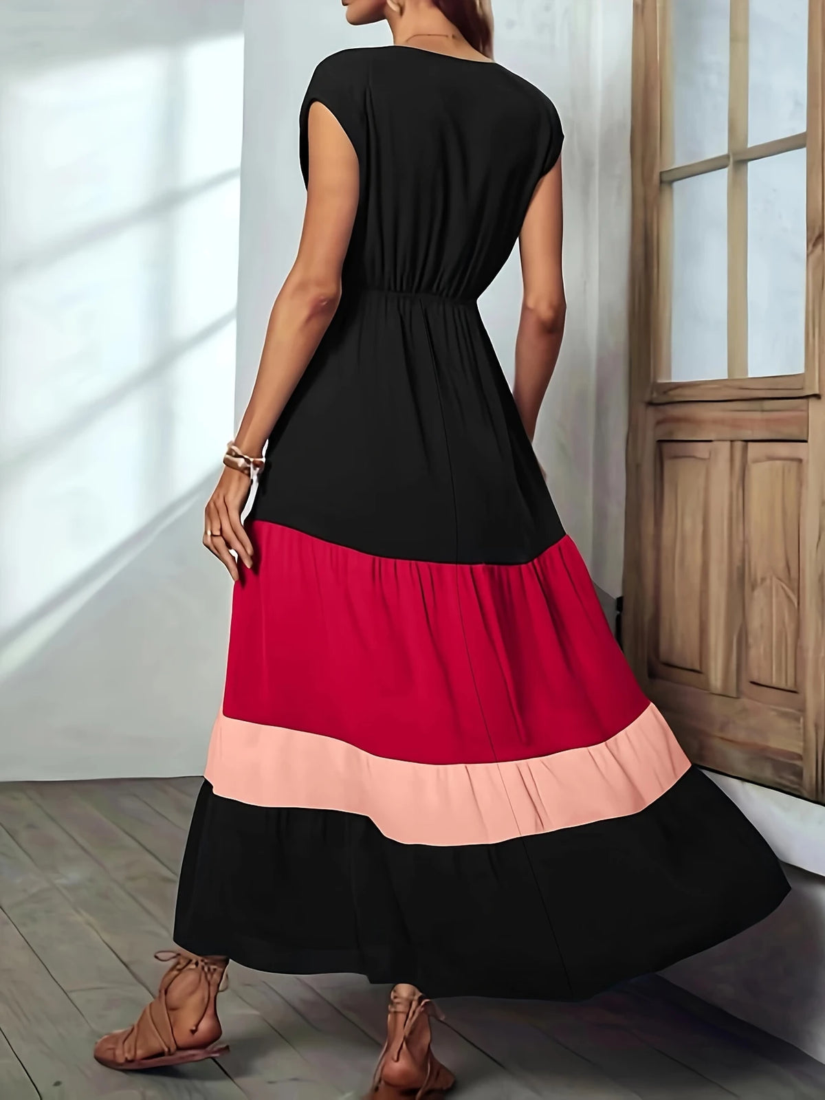 Elegantes Color-Block Surplice Neck Maxi Kleid Ärmellos Sommerkleid