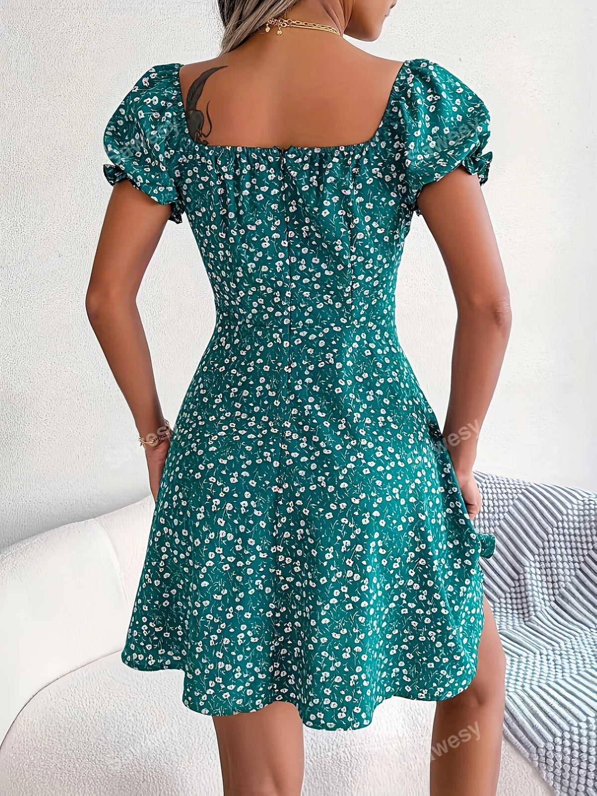 Bohème Blumendruck Schößchen Kleid Lässiges Sommerkleid mit Salatbordüre