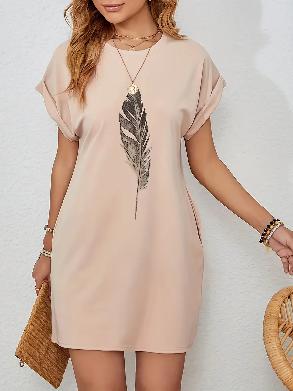 Free Kleid mit Batwing-Ärmeln, Apricot-Taschen und Rundhalsausschnitt