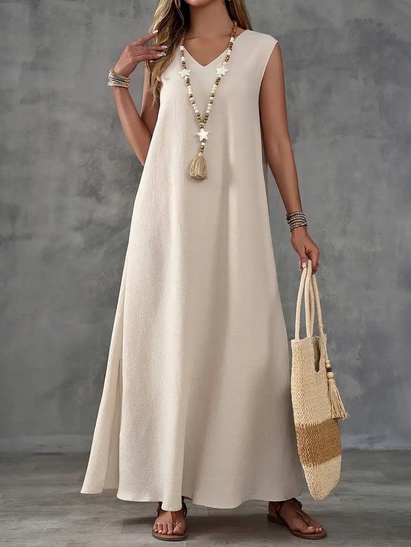 Ärmelloses Kleid mit V-Ausschnitt und Schlitz Apricot Luftiges & modisches Sommerkleid