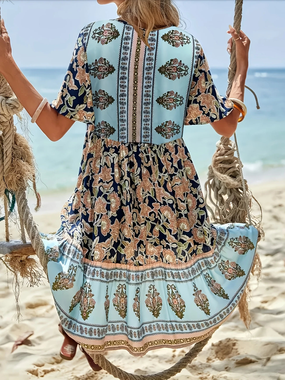 Paisley V-Ausschnitt Midi Kleid für Damen Halbärmel A-Linie Leichter Stoff