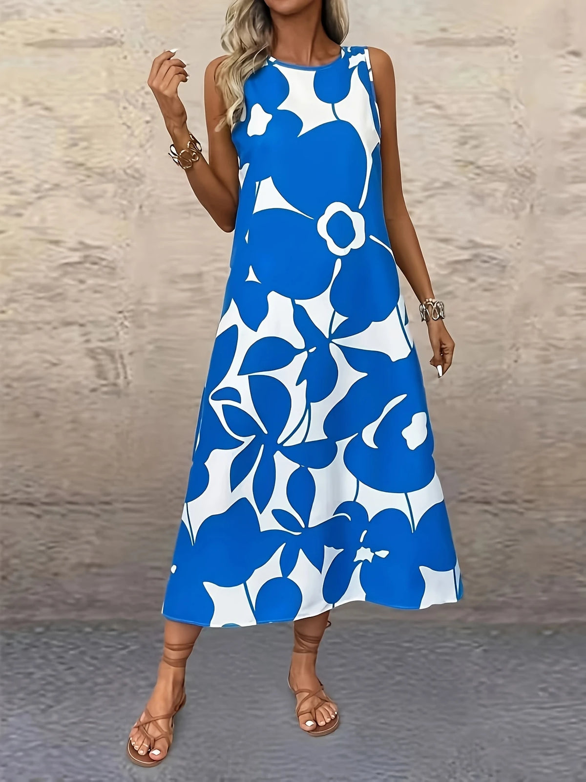 Ärmelloses Kleid mit Blumenmuster und Katzenohren Himmelblau