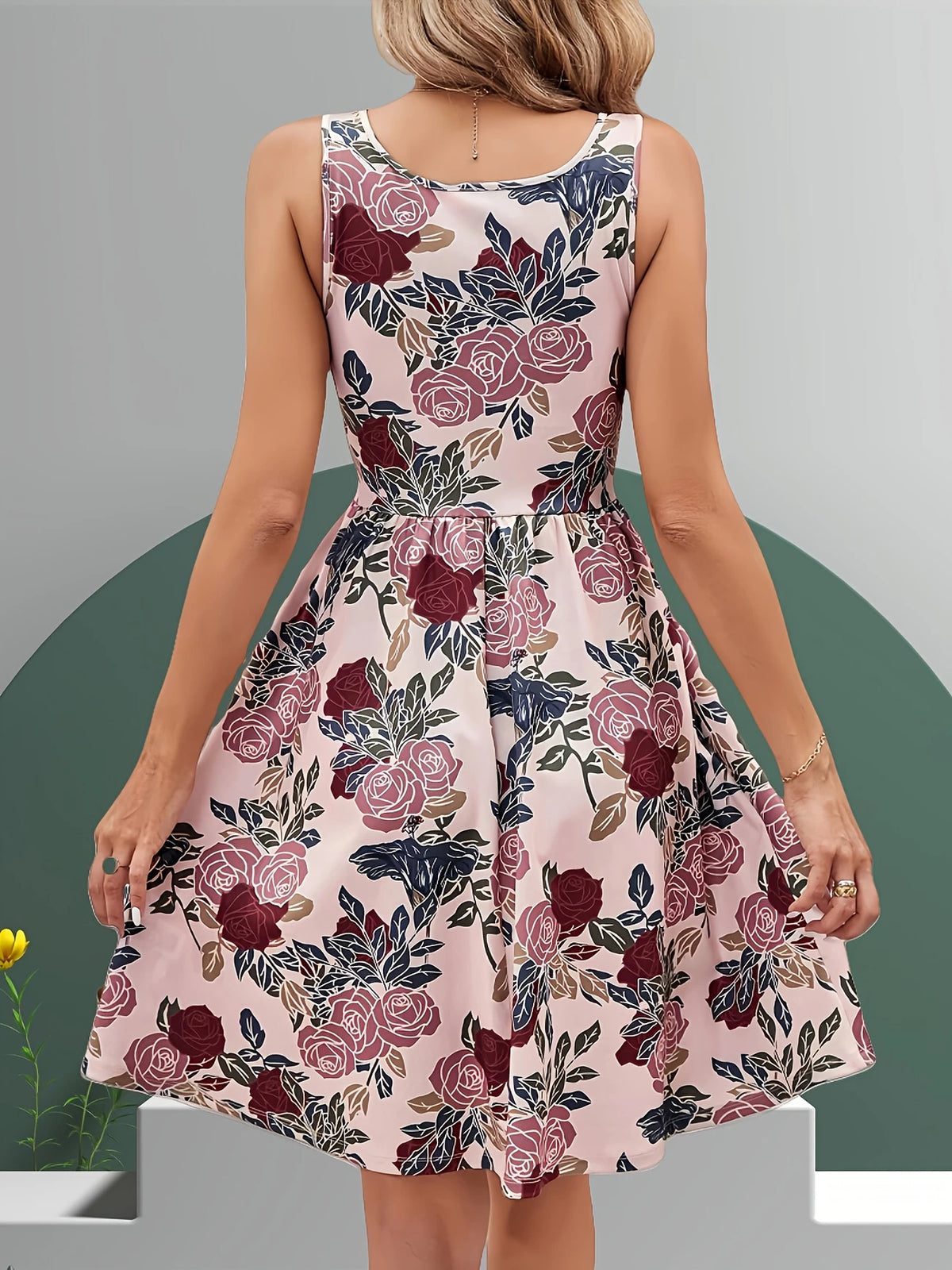 Elegantes Kleid mit Blumendruck in A-Linie ärmellos quadratischer Ausschnitt