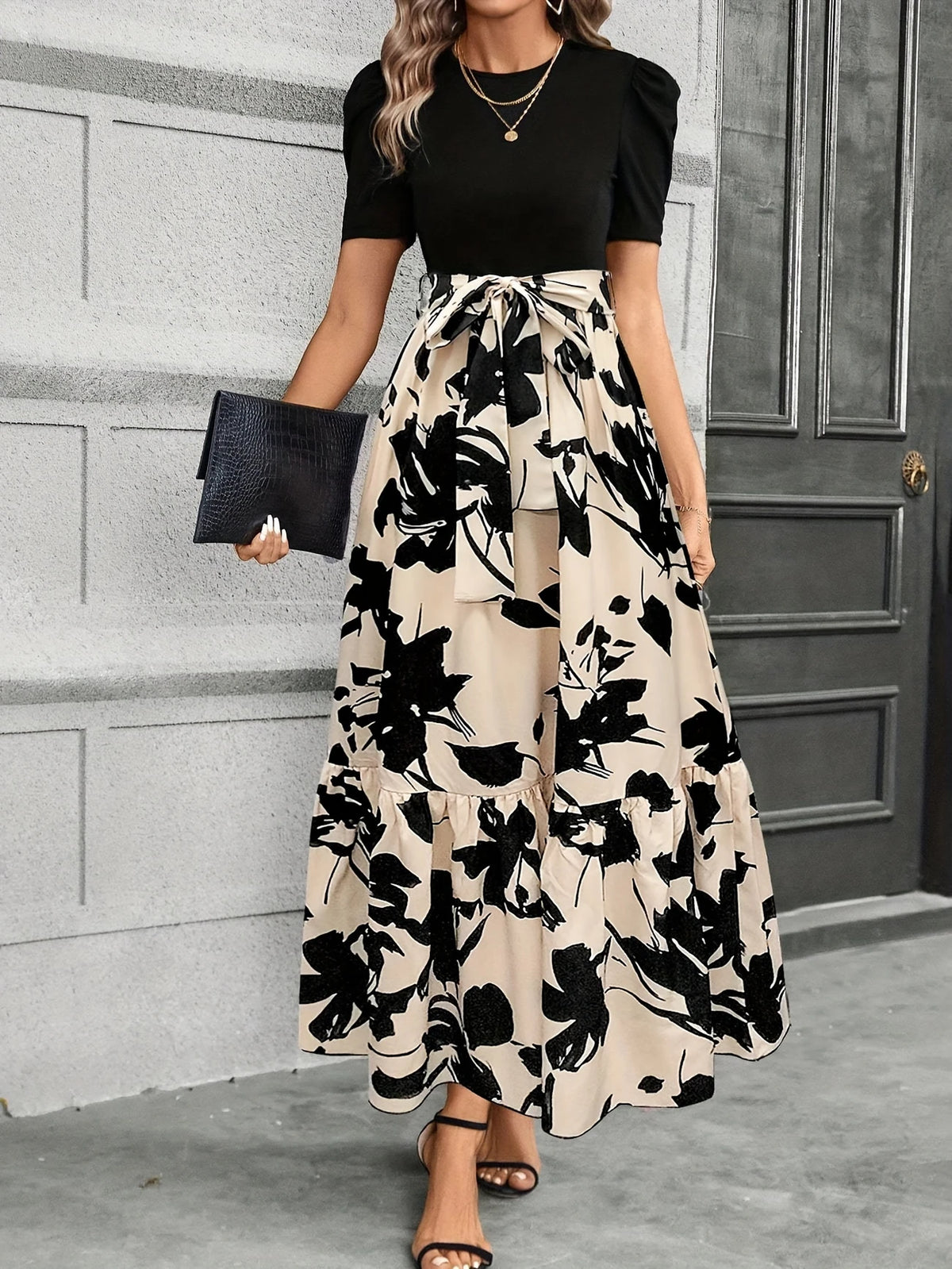 Blumendruck A-Linie Kleid kurze Ärmel Krawatte Taille für Sommer
