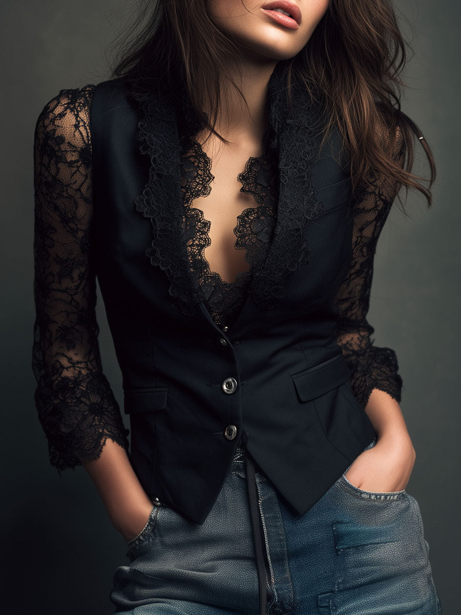 Damen Elegantes Blazer-Top mit Halbtransparenten Ärmeln