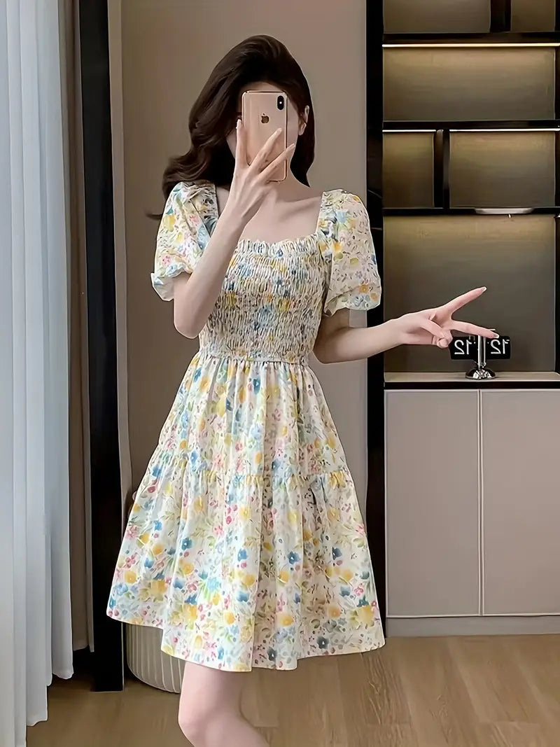 Gelbes Blumenkleid - Quadratischer Ausschnitt & Puffärmel Sommerkleid