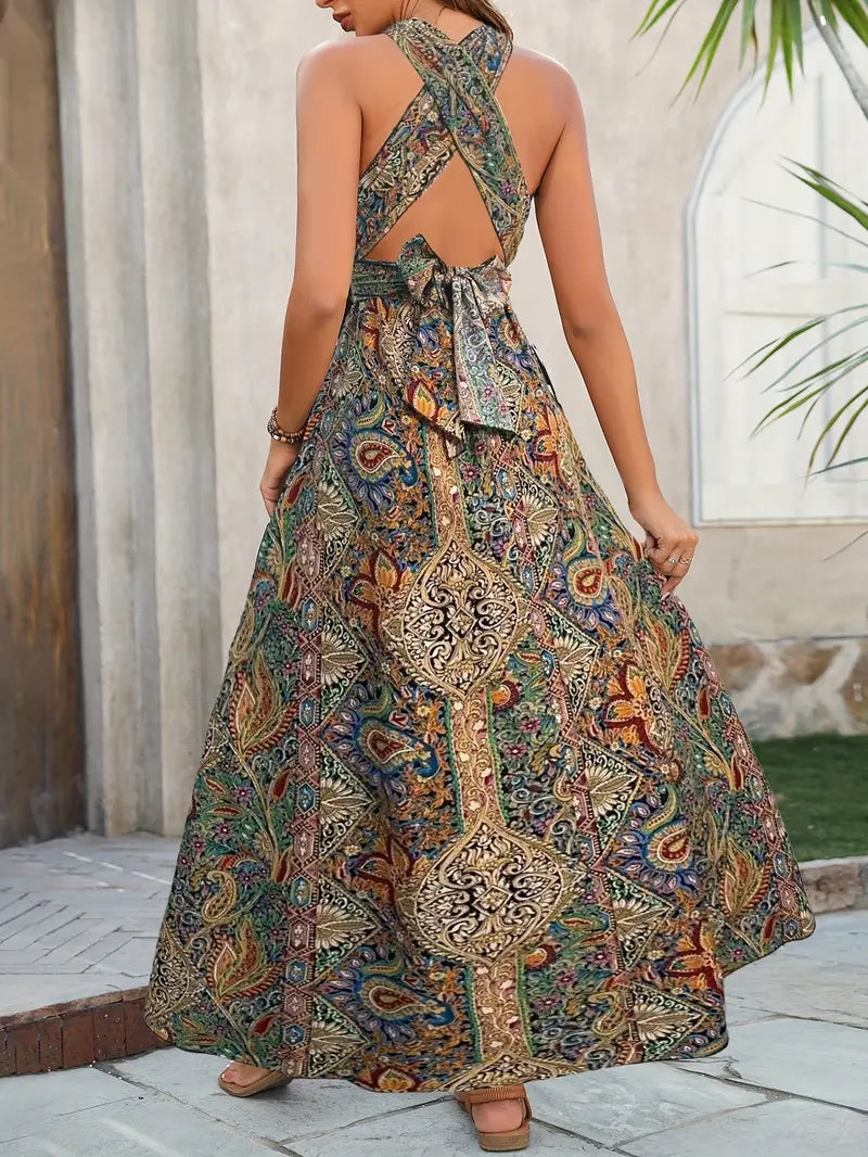 Paisleymuster Halsausschnitt Maxikleid Rückenfrei Schlitz Oberschenkel Sommer Chic