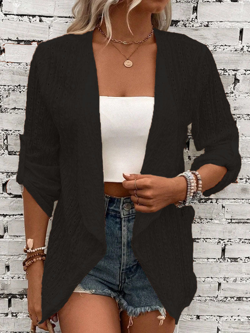 Locker geschnittene Strickjacke mit Häkelstrick vorne für Damen