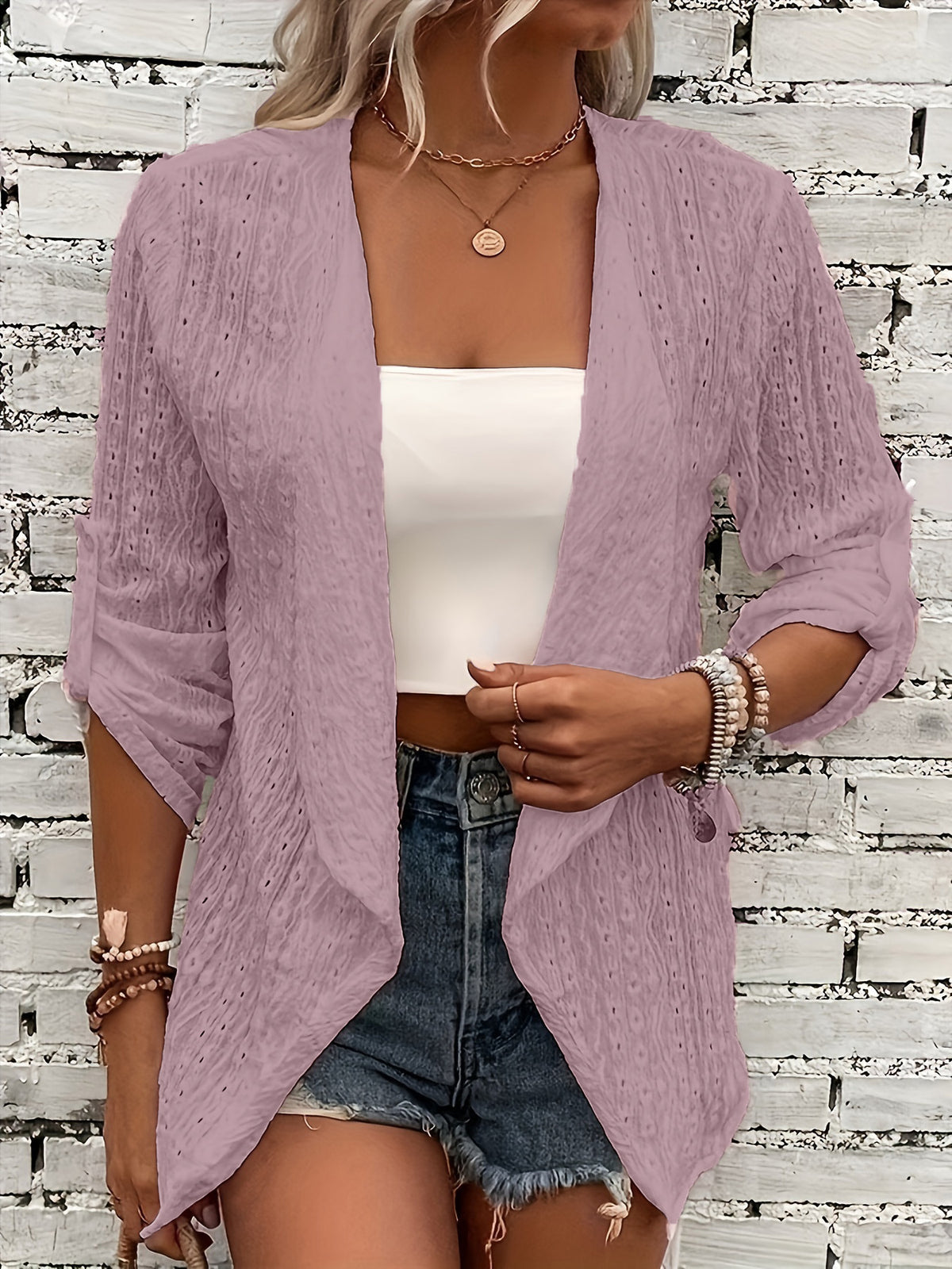 Locker geschnittene Strickjacke mit Häkelstrick vorne für Damen