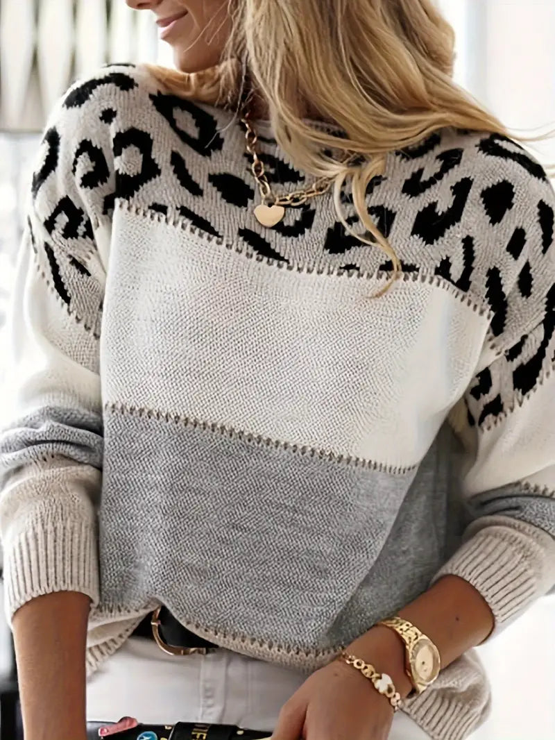 Pullover Rundhalsausschnitt Lange Ärmel Hip Patchwork Leopardenmuster