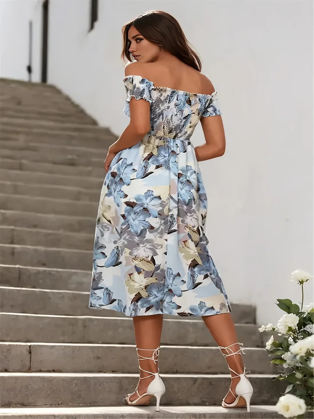Midi-jurk met print - Korte mouwen, Zijsplit, Elegant, Luchtig, Machinewasbaar, Polyester, Casual zomerjurk
