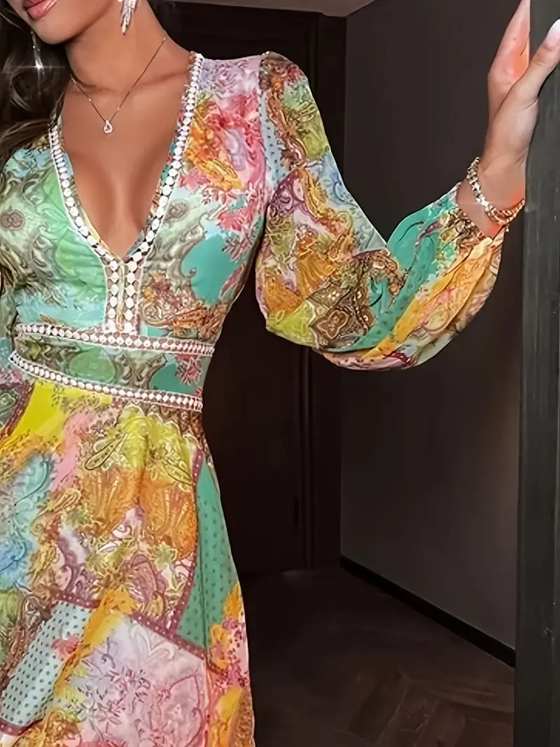 Boho-Minikleid - Blumendruck, V-Ausschnitt & Spitzenbesatz - Luftig & stilvoll für den Sommer