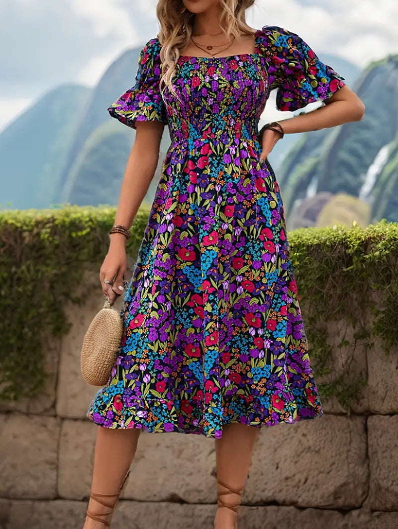 Bohemian Off-Shoulder Maxikleid - Blumendruck, lange Ärmel & anmutig für Sommer, Party & Urlaub