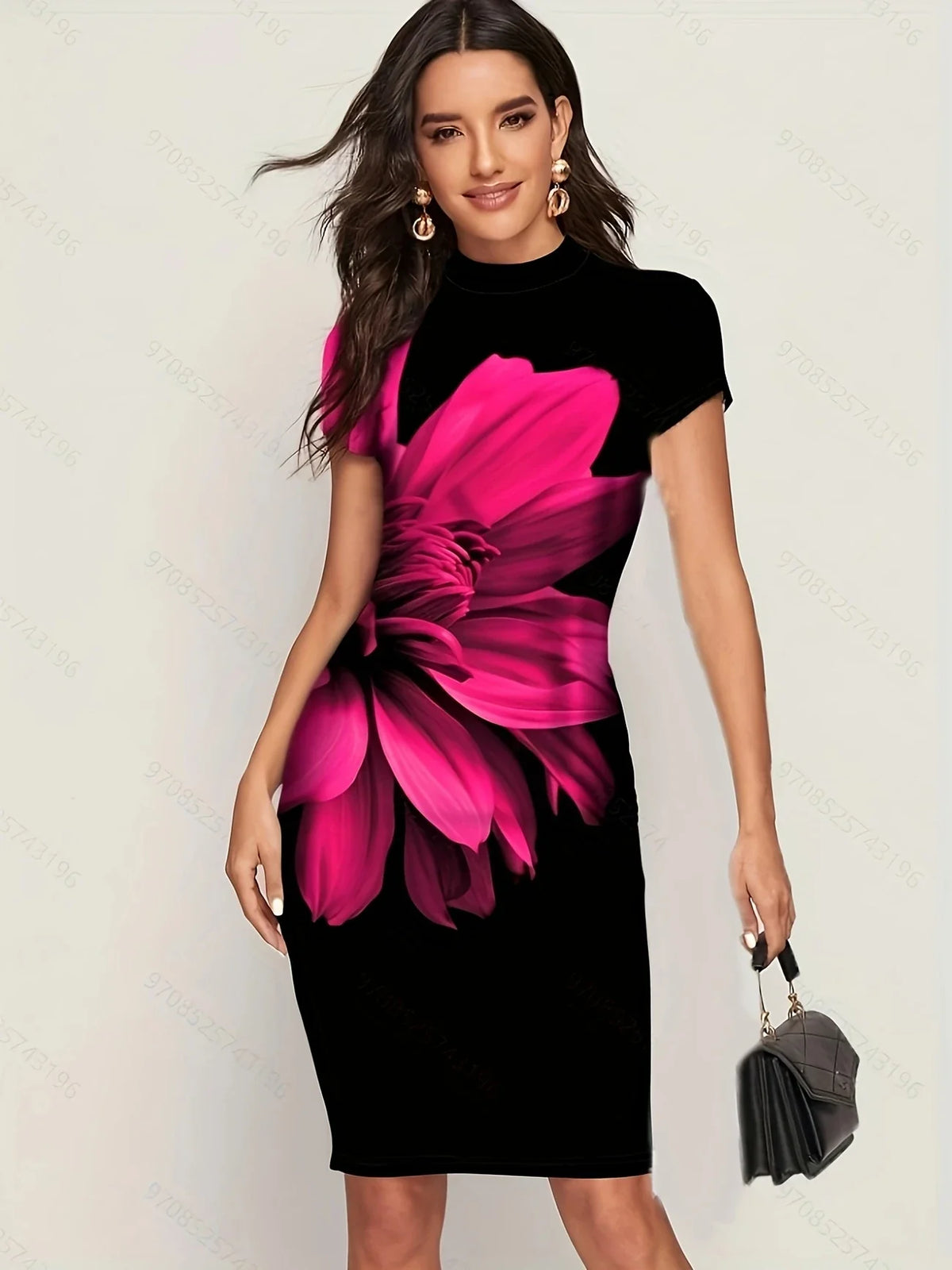Midikleid mit rosa Blumendruck - Schwarzes Sommerkleid, luftig, modisch & bequem für Frühling und Sommer