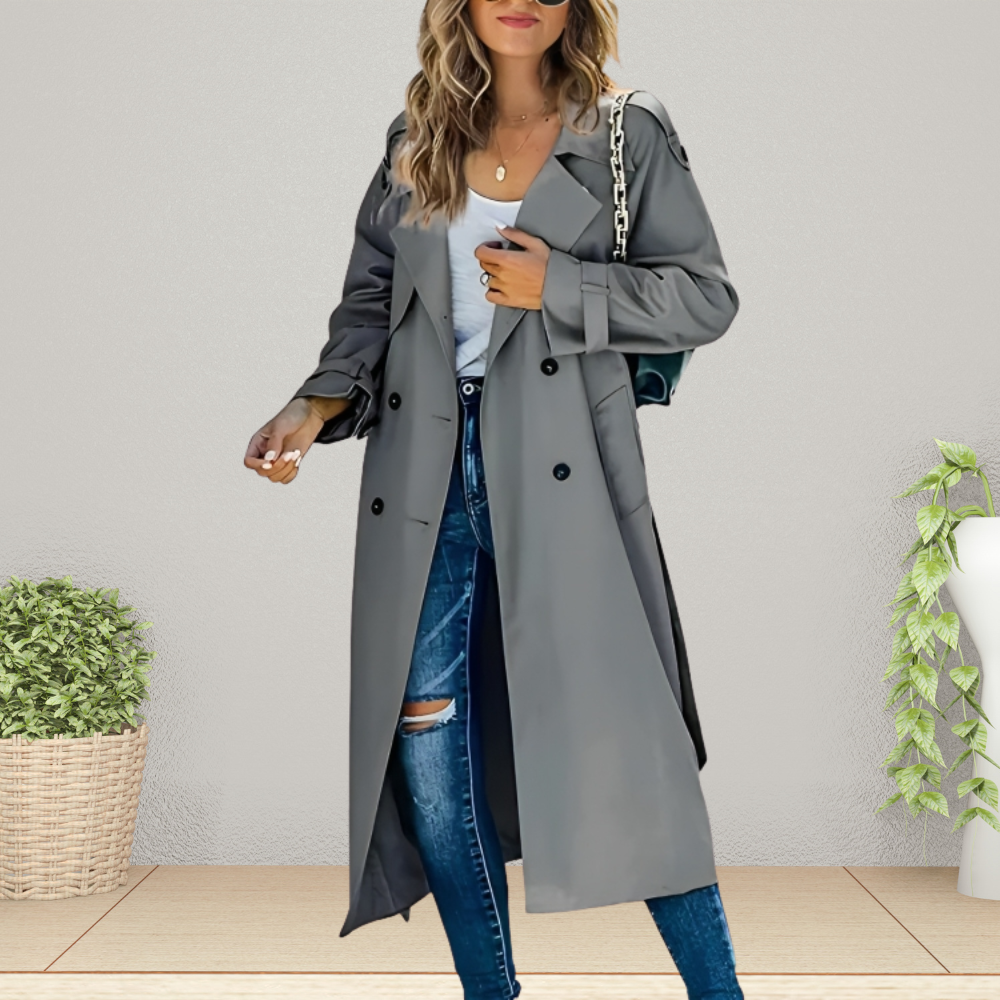 Damen Trenchcoat Übergangsjacke mit Doppelreihiger Knopfleiste und Klassischem Kragen