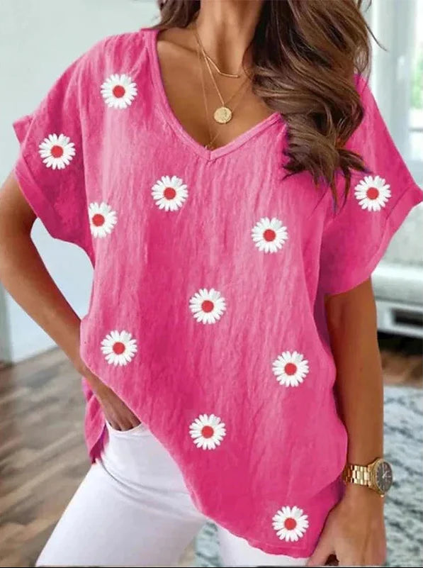 V-Ausschnitt T-Shirt mit 3D-Blumenprint
