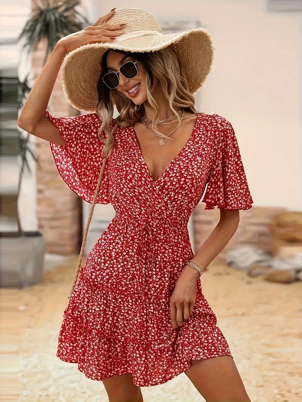 V-Ausschnitt Kleid Elegantes Blumenmuster Asymmetrischer Saum