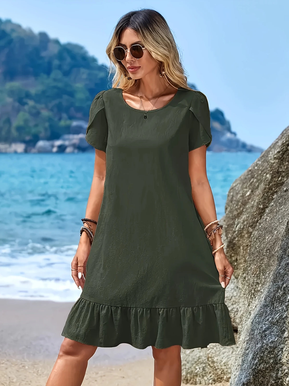 Elegantes Petal-Sleeve Kleid Lässiger Rundhalsausschnitt Perfekt für Frühling & Sommer