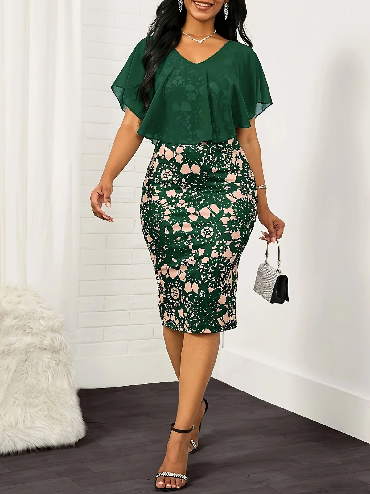 Bodycon mit floralem Stoff Kleid Elegantes Cape Ärmel Casual & Chic
