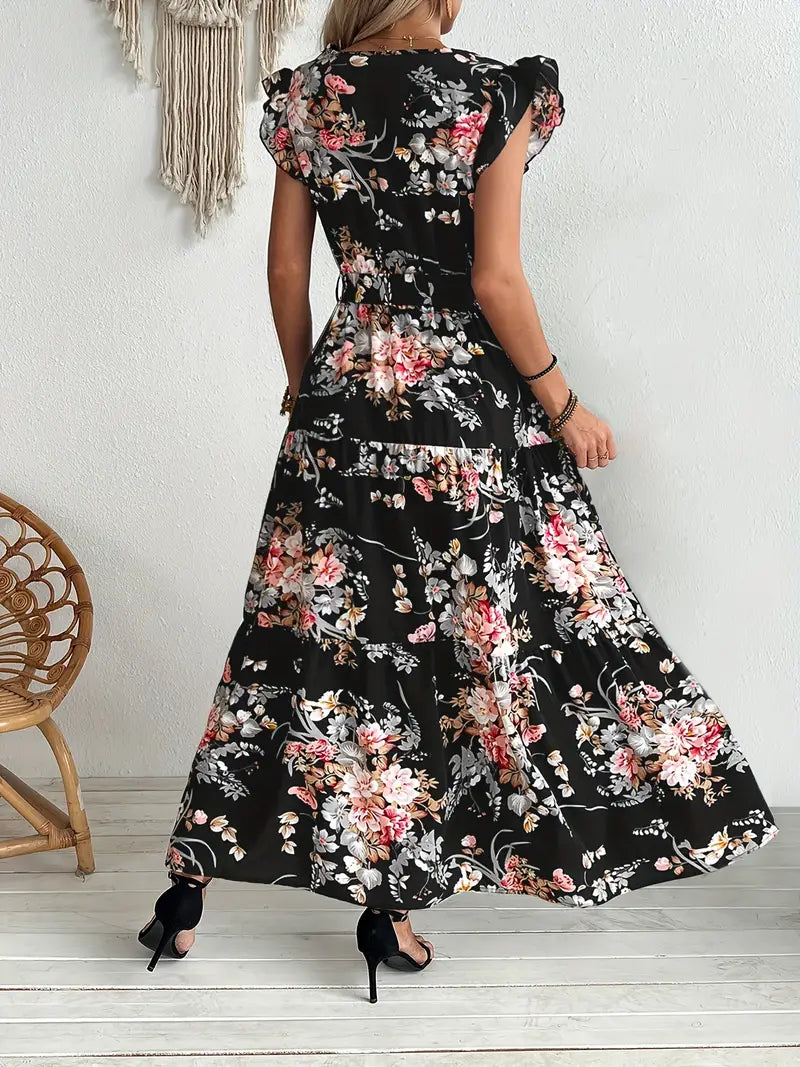 Schwarzes Swingkleid mit Blumenmuster Elegantes Sommerkleid mit Rüschenärmeln und Gürtel