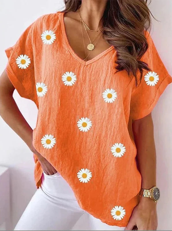 V-Ausschnitt T-Shirt mit 3D-Blumenprint