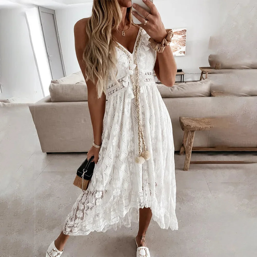 Boho Spitzenkleid zum Binden mit Quasten