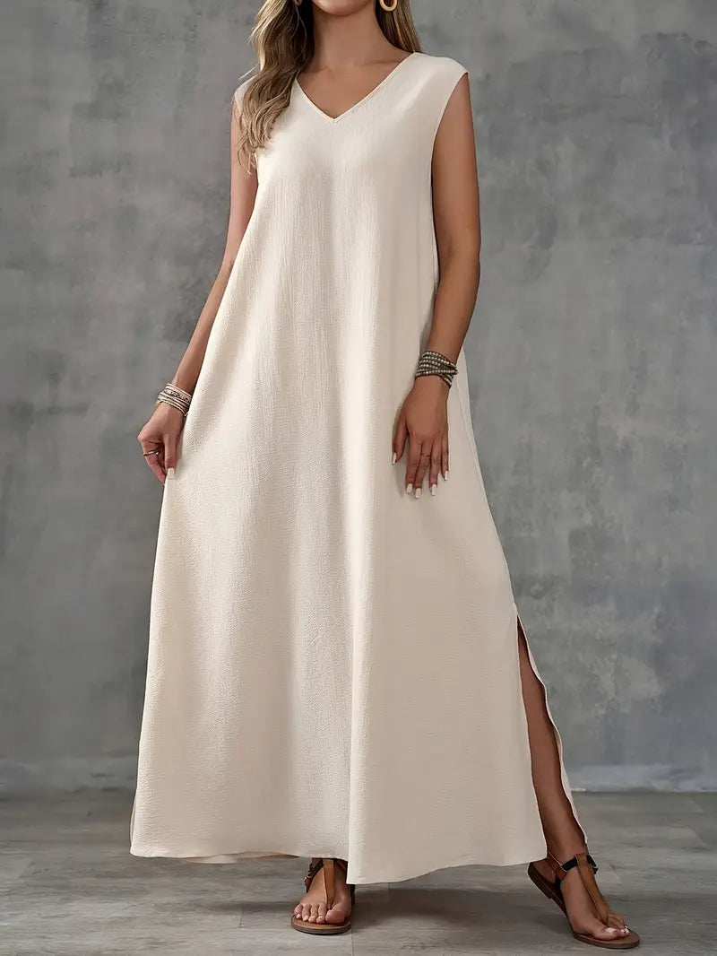 Ärmelloses Kleid mit V-Ausschnitt und Schlitz Apricot Luftiges & modisches Sommerkleid