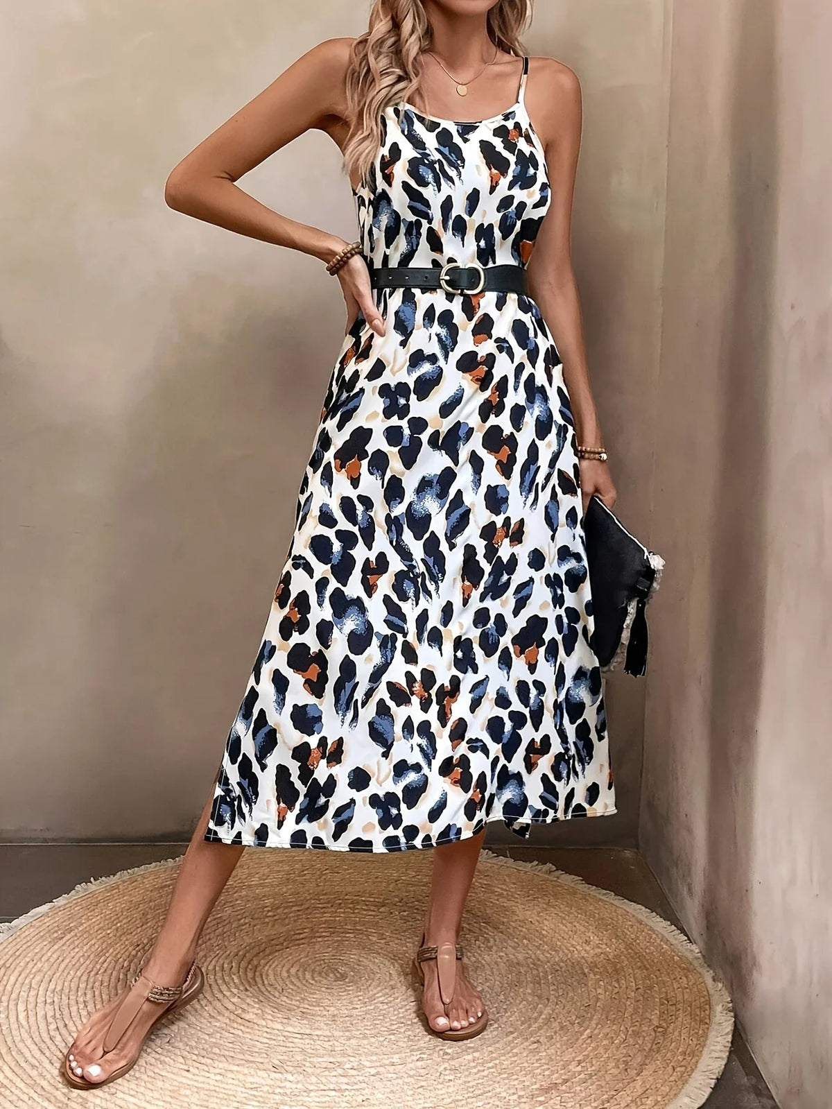 Leopardenmuster Sommerkleid Elegantes Spaghetti-Träger Kleid mit Schlitz