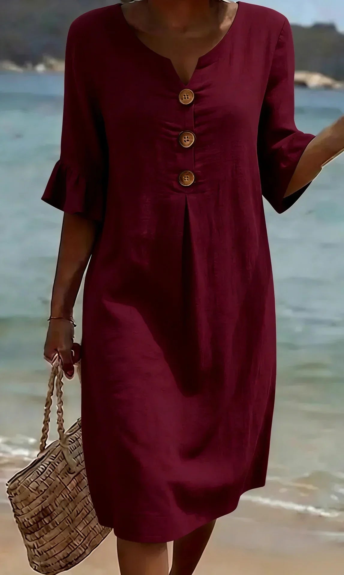 Damen Elegantes Strukturiertes Kleid mit Puffärmeln