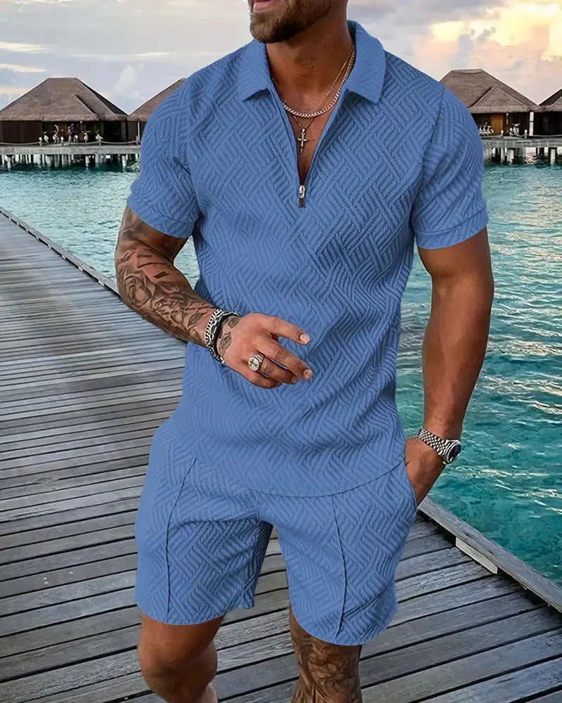 Lässiges Sommer-Trainingsanzug-Outfit mit Reißverschlusskragen