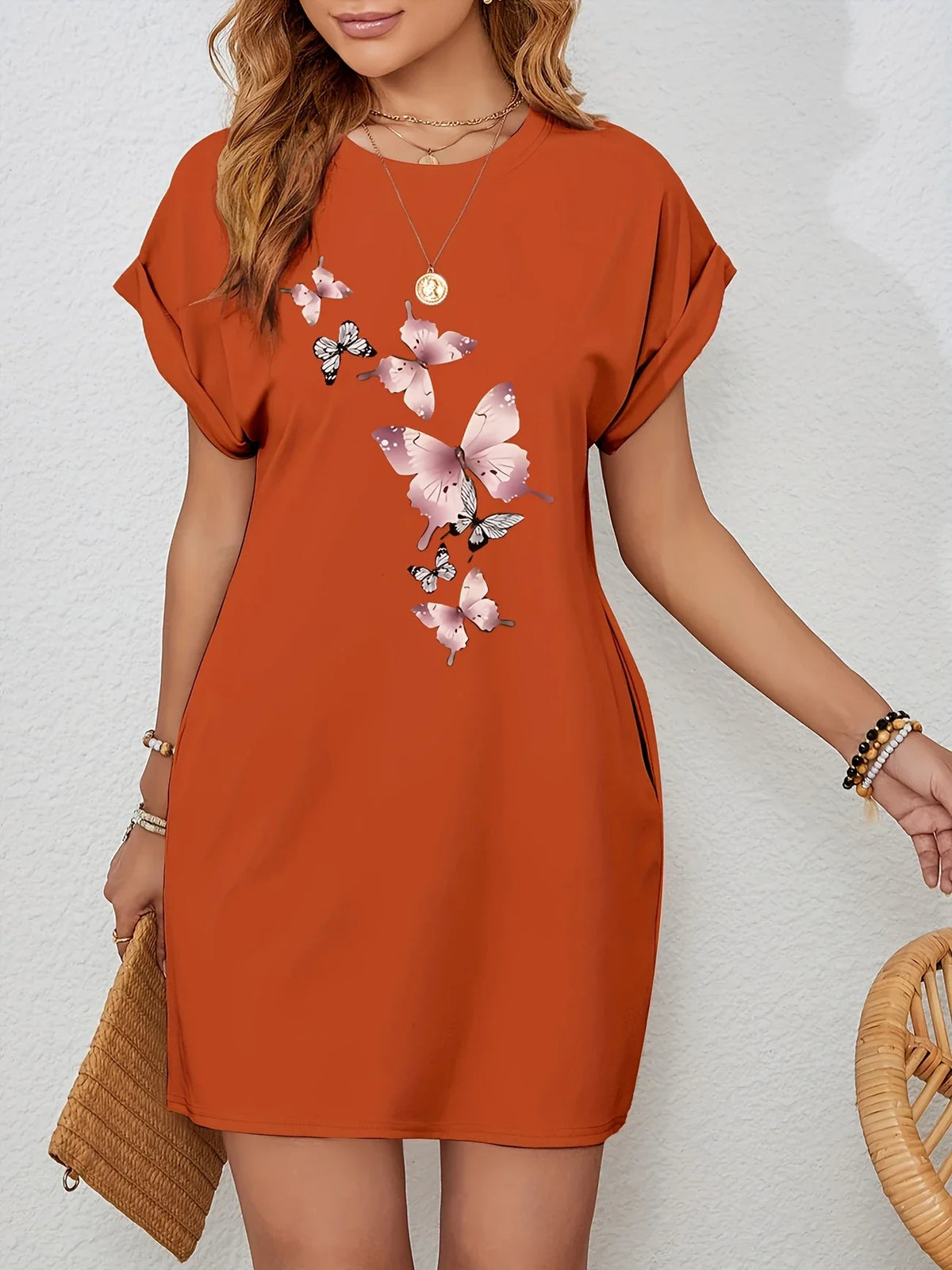 Freies Tunikakleid mit Schmetterlingsprint Mandarine Rot Fledermausärmel & Taschen
