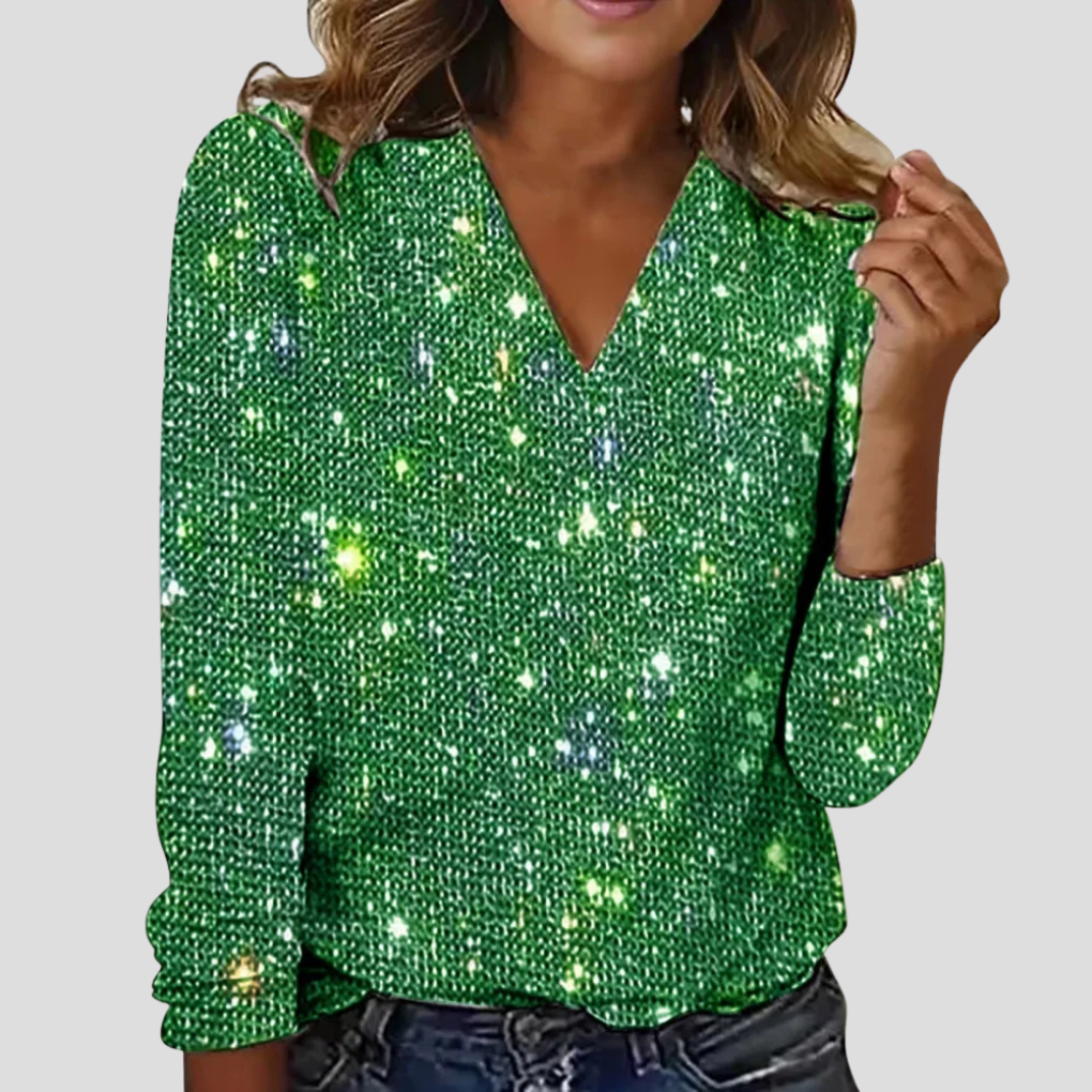 Elegante Glitzerbluse mit V-Ausschnitt und langen Ärmeln