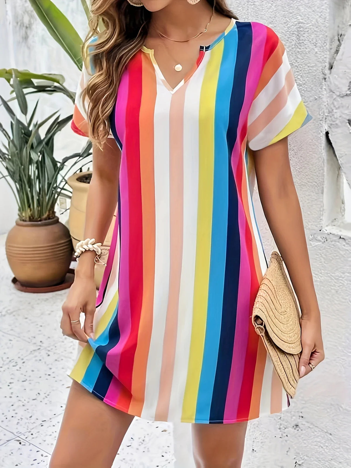 Schickes Sommerkleid Rosa V-Ausschnitt Gestreiftes Kleid Elegant & Waschmaschinenfest
