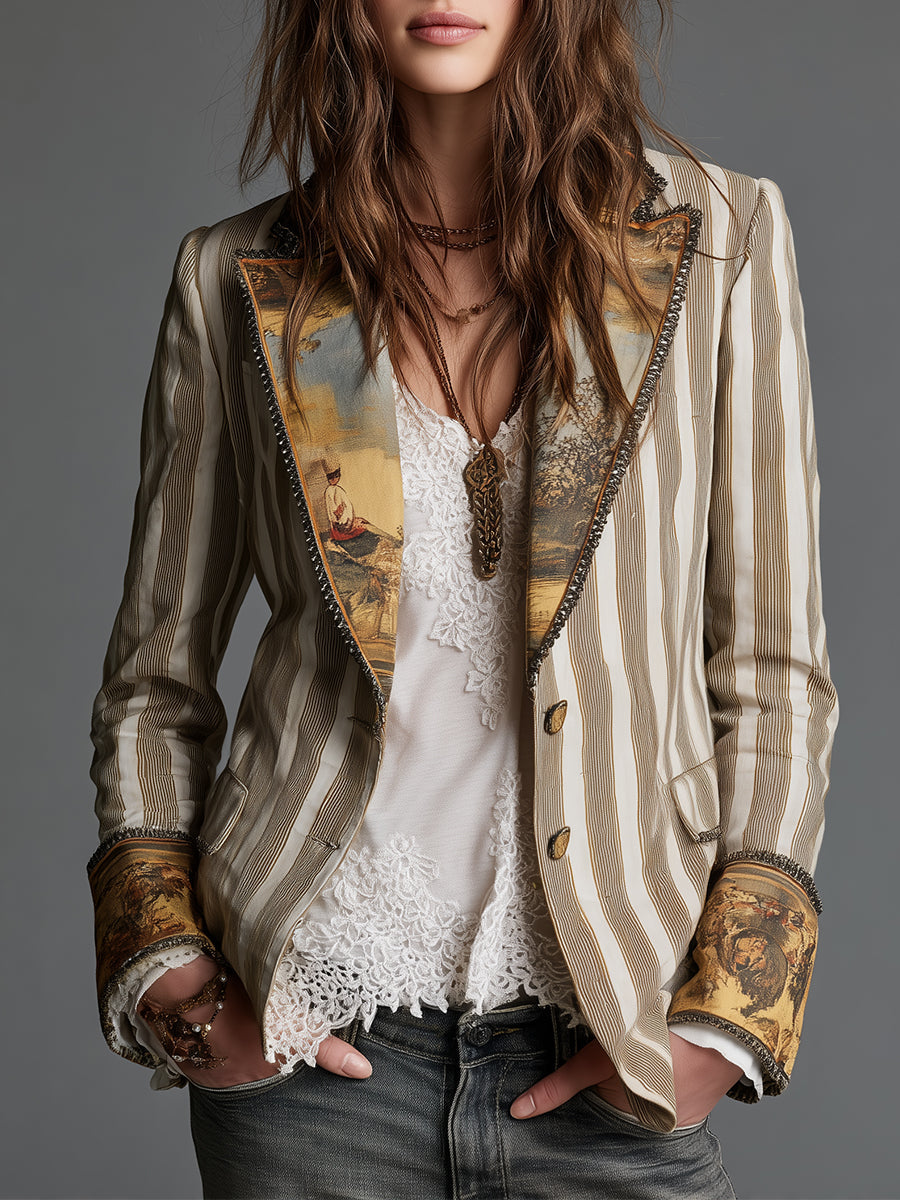Damen Eleganter Gestreifter Boho-Blazer