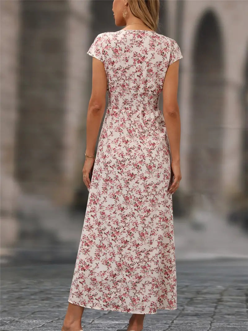 Blau-weißes Maxikleid - V-Ausschnitt mit Blumenmuster und Schleifengürtel