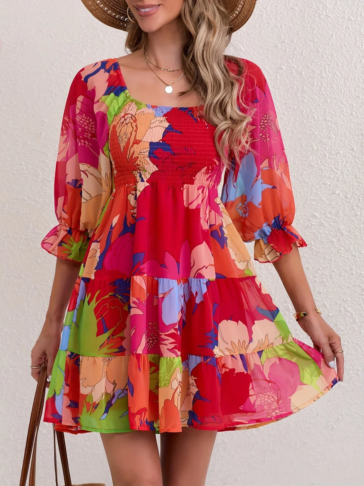 Rotes geblümtes Kleid mit quadratischem Ausschnitt Lässiges & elegantes Sommerkleid