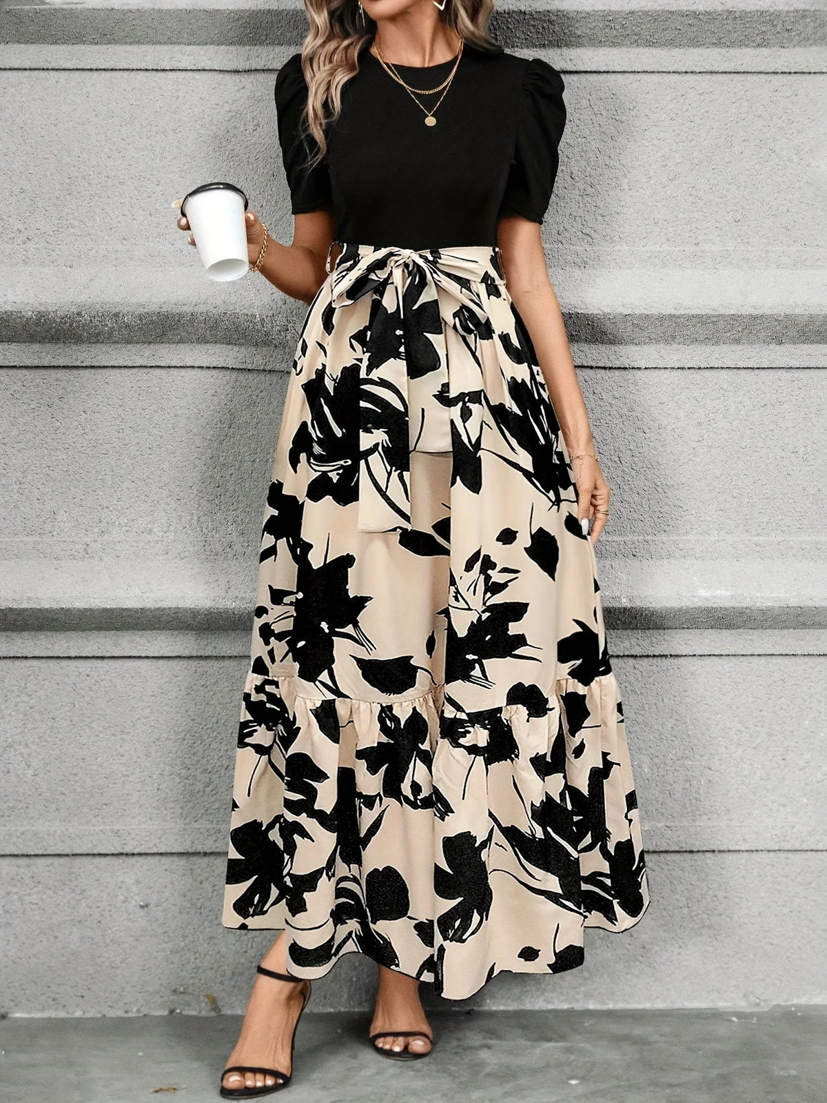 Blumendruck A-Linie Kleid kurze Ärmel Krawatte Taille für Sommer