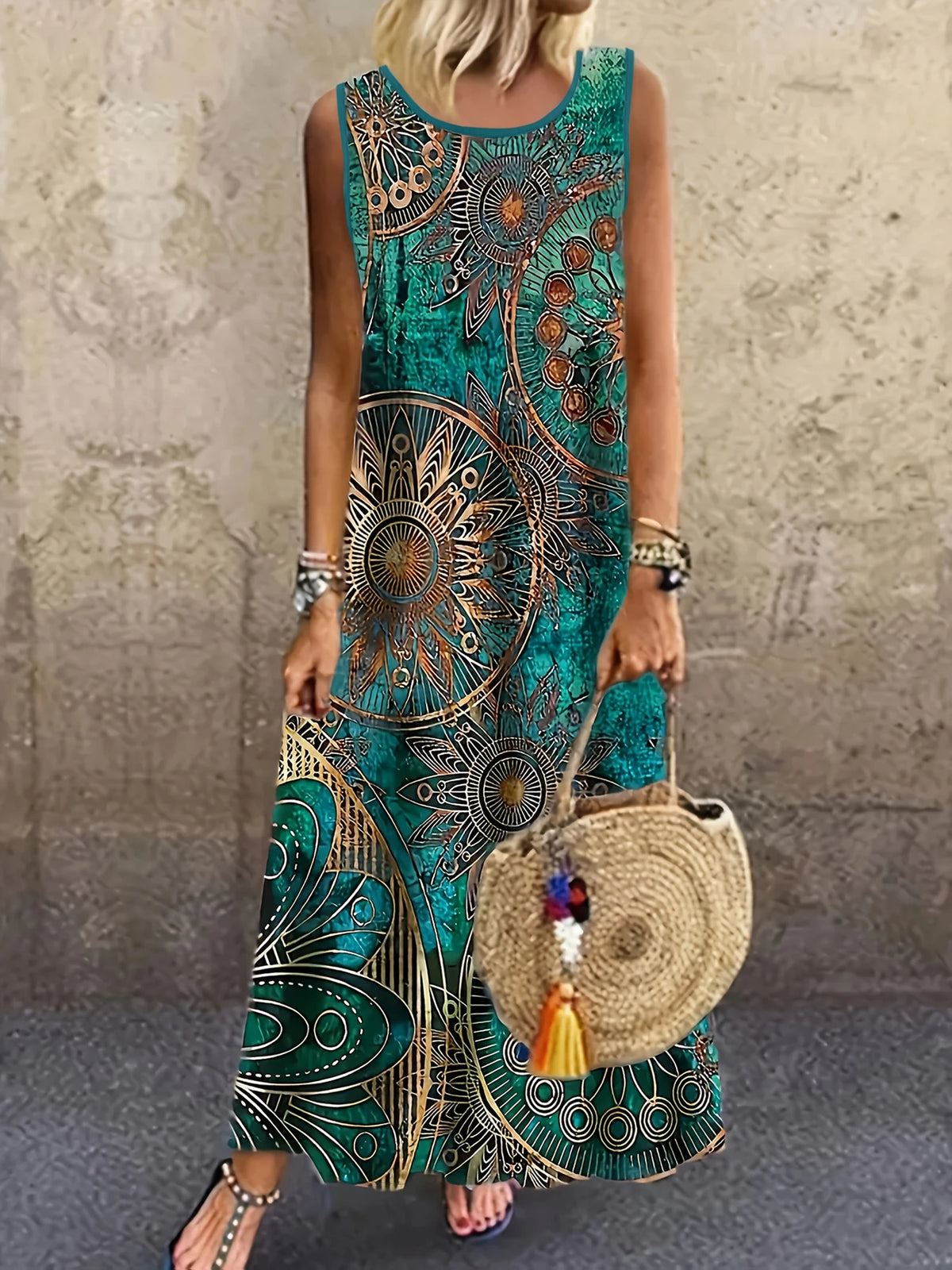 Paisley Druck Ärmelloses Freizeitkleid mit Rundhalsausschnitt für Outdoor & Alltag