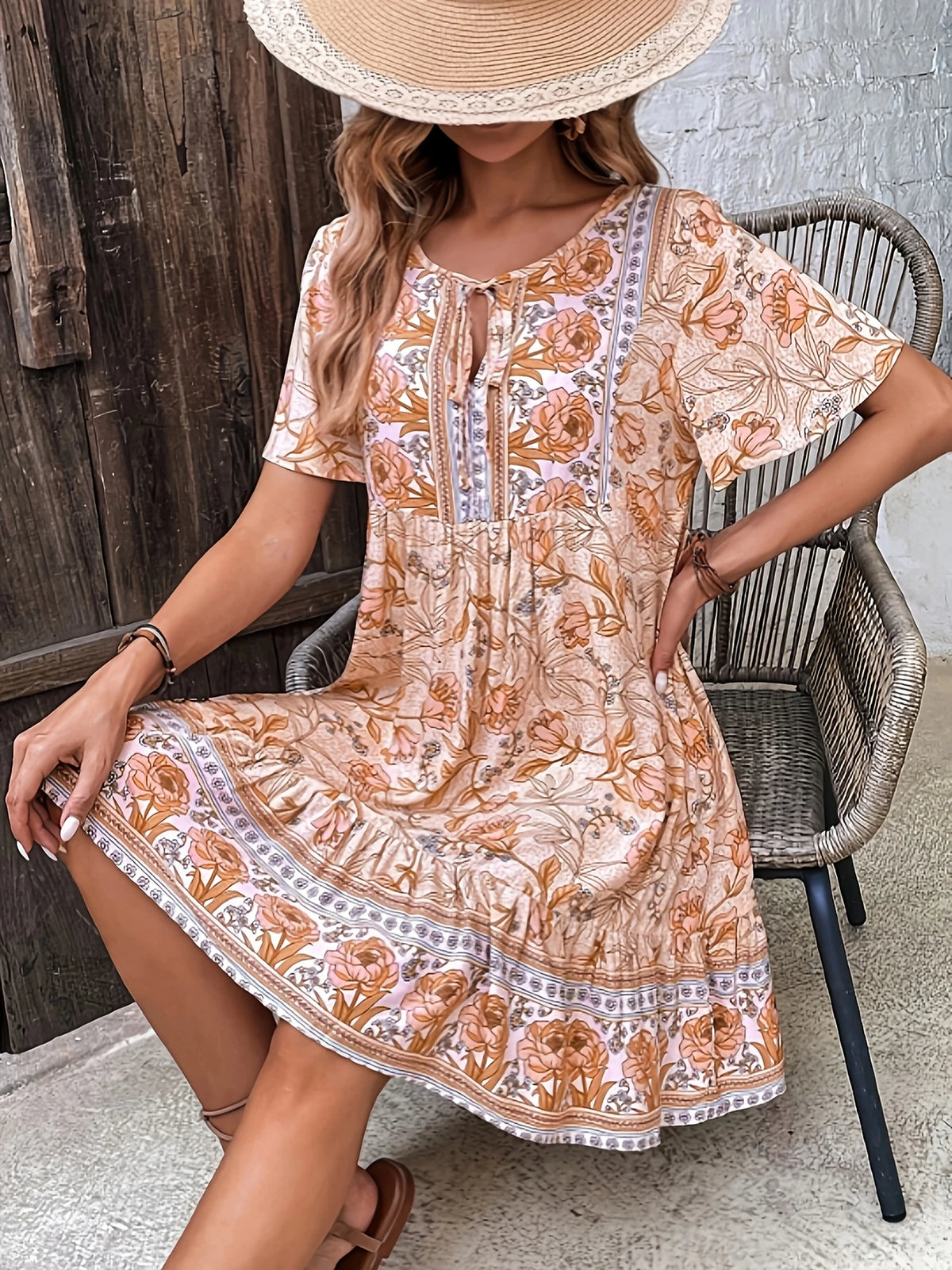Paisley V-Ausschnitt Midi Kleid für Damen Halbärmel A-Linie Leichter Stoff