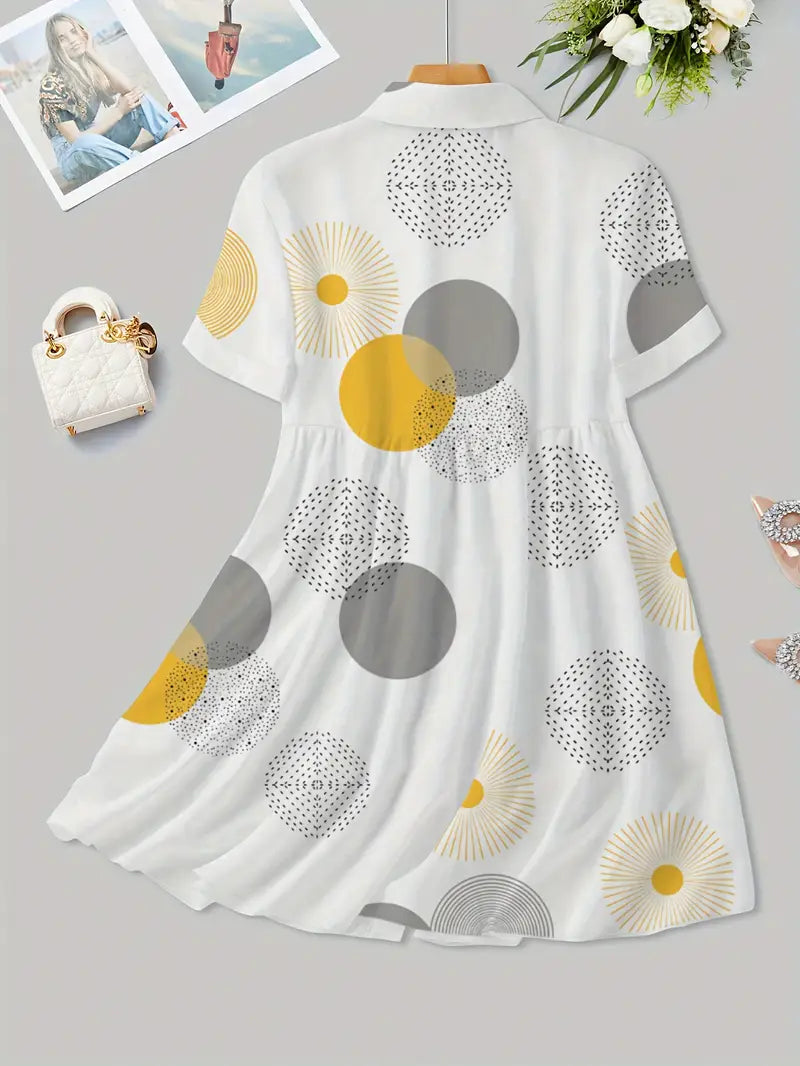 Weißes Kleid mit geometrischem Druck in A-Linie ohne Kragen und Knöpfe