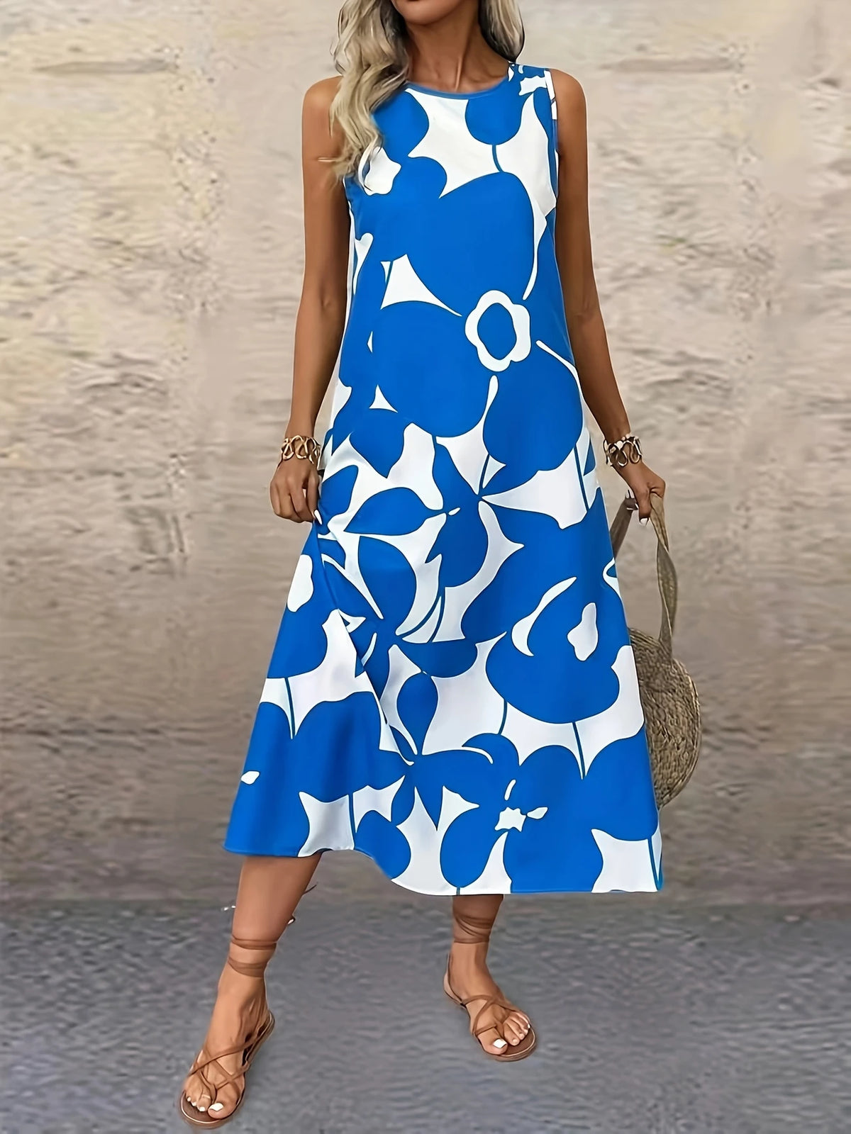 Ärmelloses Kleid mit Blumenmuster und Katzenohren Himmelblau