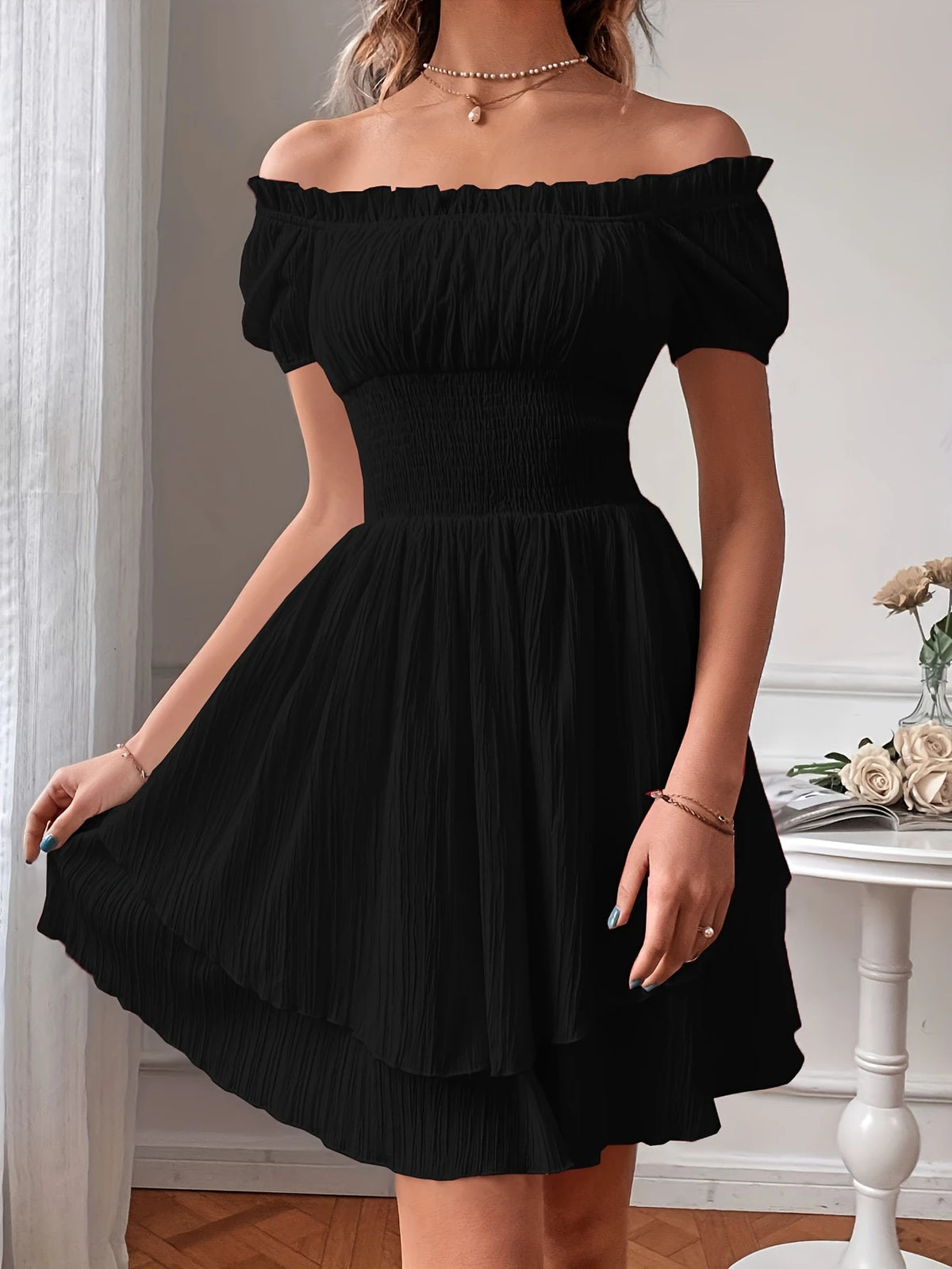 Elegantes Schulterfrei A-Linien Mini-Kleid für Damen Rüschendes Oberteil